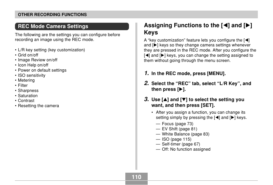 Rec mode camera settings, Assigning functions to the [<] and [>] keys, Assigning functions to the [ ̇ ] and [ ̈ ] keys | Casio EX-Z600 User Manual | Page 110 / 238