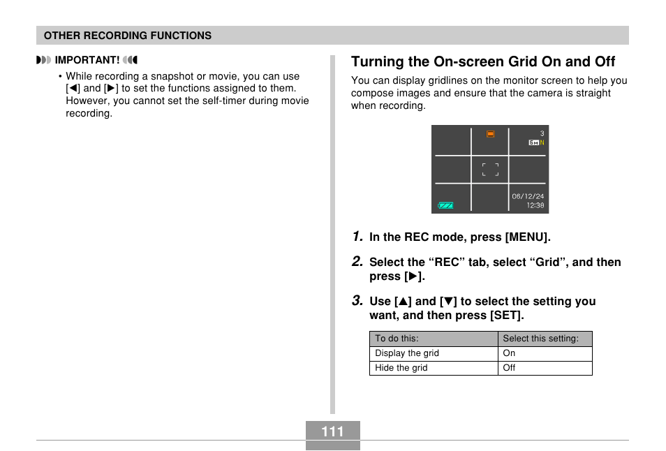 Turning the on-screen grid on and off | Casio EX-Z600 User Manual | Page 111 / 238