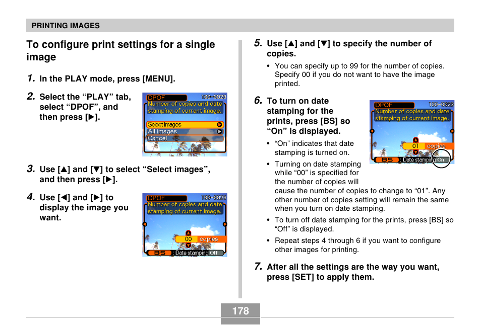 To configure print settings for a single image | Casio EX-Z600 User Manual | Page 178 / 238