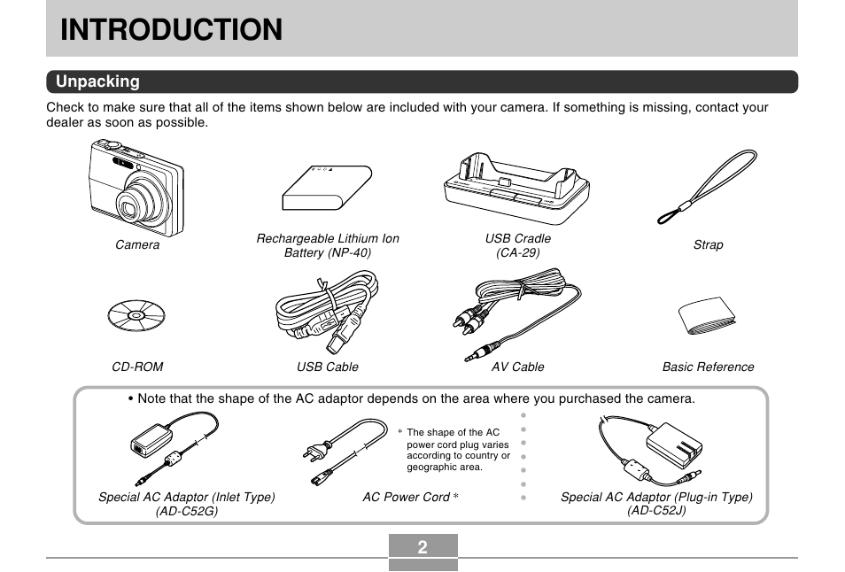 Introduction, Unpacking | Casio EX-Z600 User Manual | Page 2 / 238