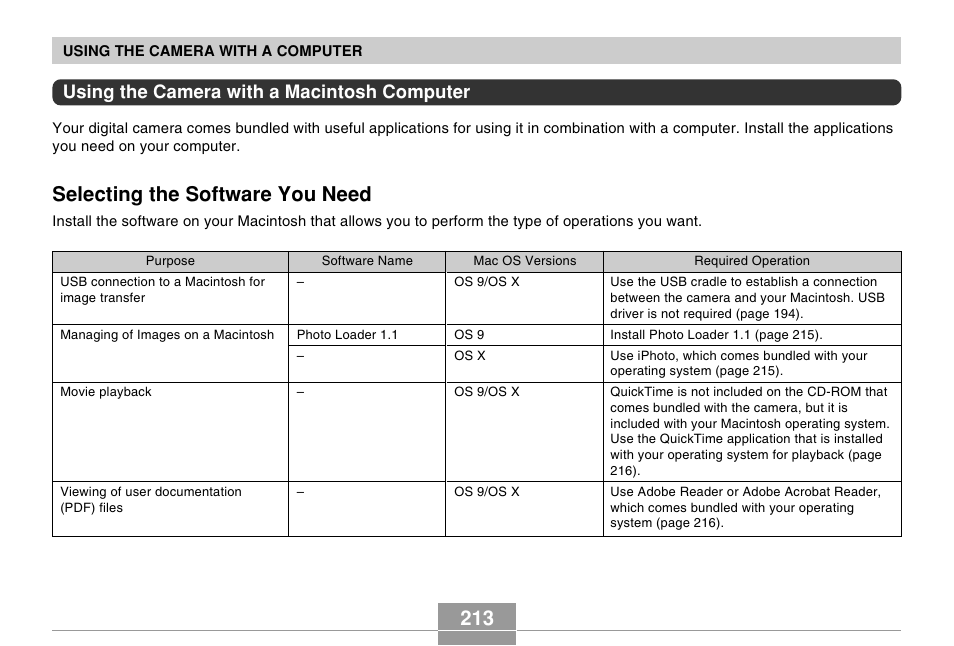 Using the camera with a macintosh computer, Selecting the software you need | Casio EX-Z600 User Manual | Page 213 / 238