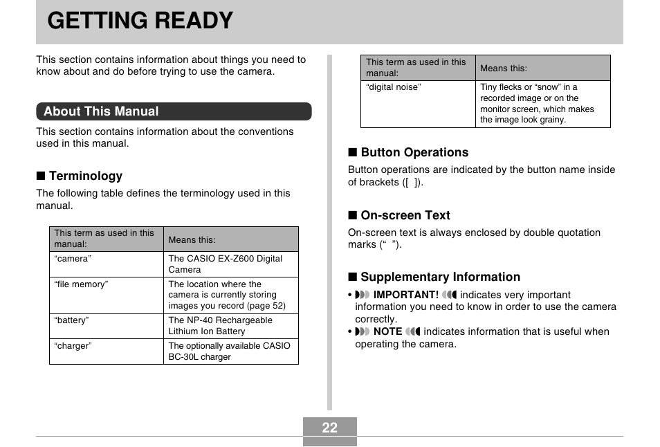 Getting ready, About this manual | Casio EX-Z600 User Manual | Page 22 / 238