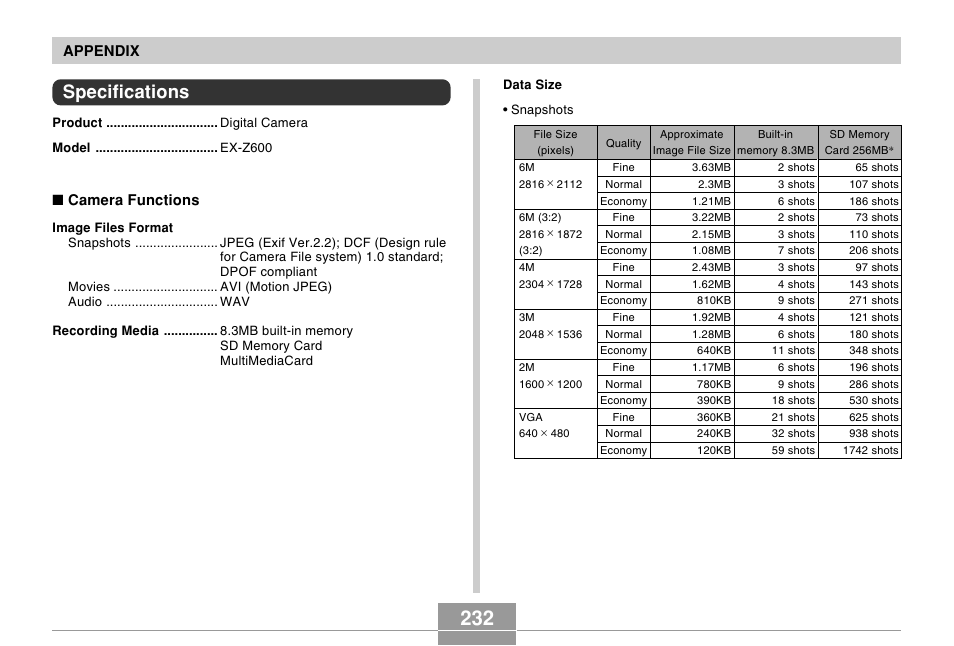 Specifications | Casio EX-Z600 User Manual | Page 232 / 238