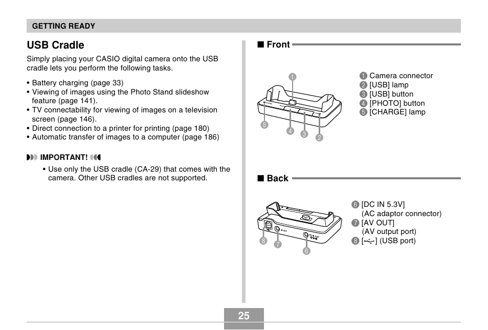 Usb cradle, 25 usb cradle | Casio EX-Z600 User Manual | Page 25 / 238