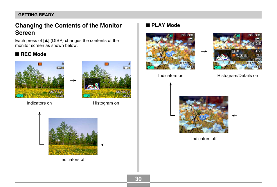 Changing the contents of the monitor screen | Casio EX-Z600 User Manual | Page 30 / 238