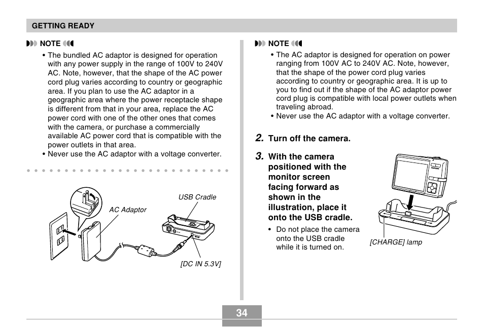 Turn off the camera, Getting ready, Charge] lamp usb cradle ac adaptor [dc in 5.3v | Casio EX-Z600 User Manual | Page 34 / 238
