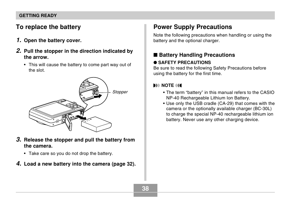 To replace the battery, Power supply precautions | Casio EX-Z600 User Manual | Page 38 / 238