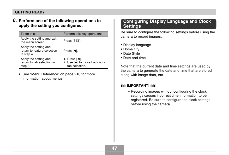 Configuring display language and clock settings | Casio EX-Z600 User Manual | Page 47 / 238
