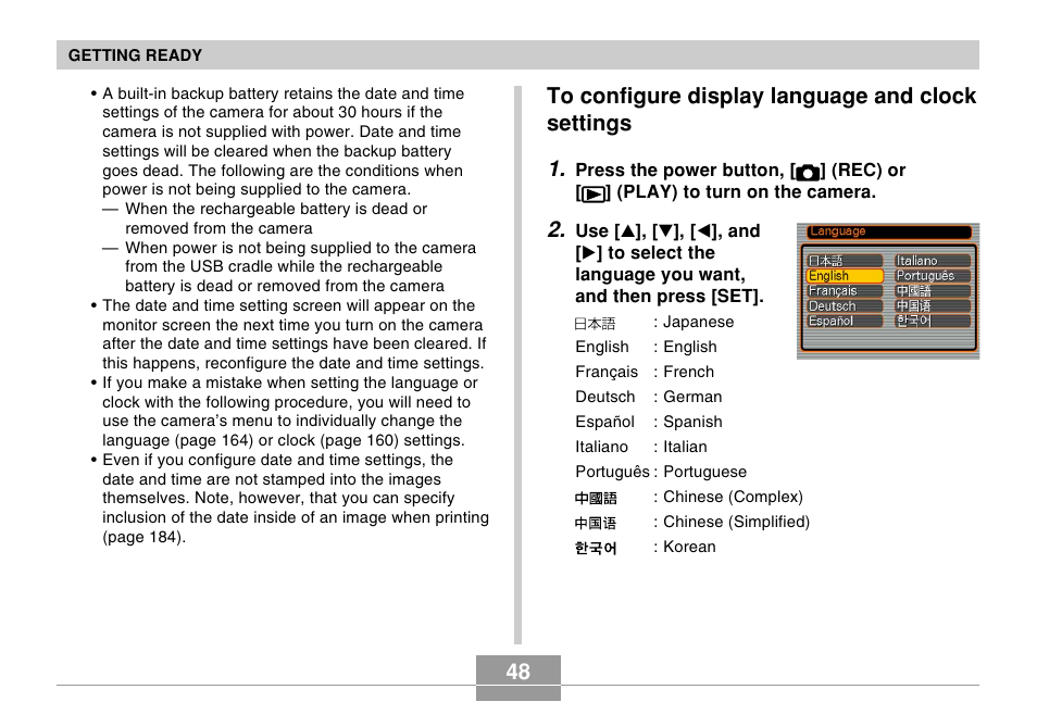 To configure display language and clock settings | Casio EX-Z600 User Manual | Page 48 / 238