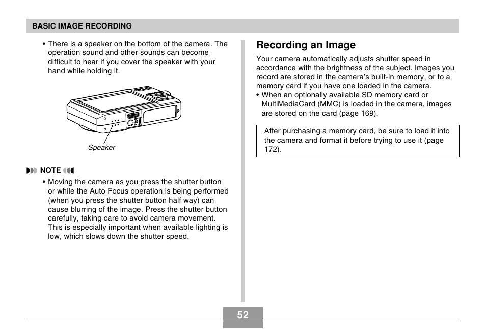 Recording an image, 52 recording an image | Casio EX-Z600 User Manual | Page 52 / 238