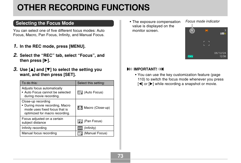 Other recording functions, Selecting the focus mode | Casio EX-Z600 User Manual | Page 73 / 238