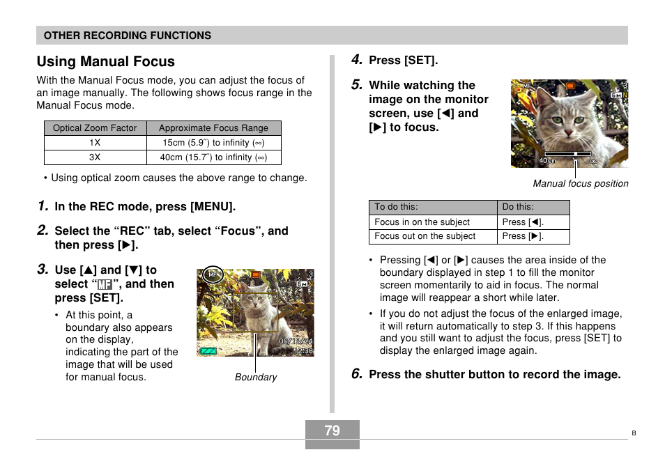 Using manual focus | Casio EX-Z600 User Manual | Page 79 / 238