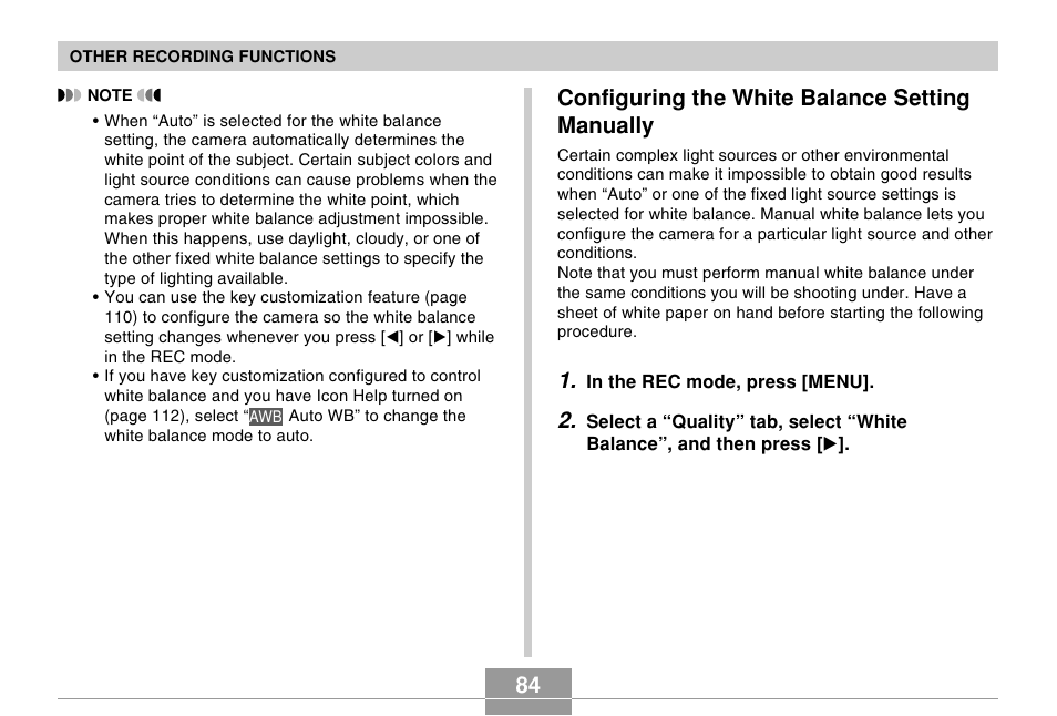 Configuring the white balance setting manually | Casio EX-Z600 User Manual | Page 84 / 238