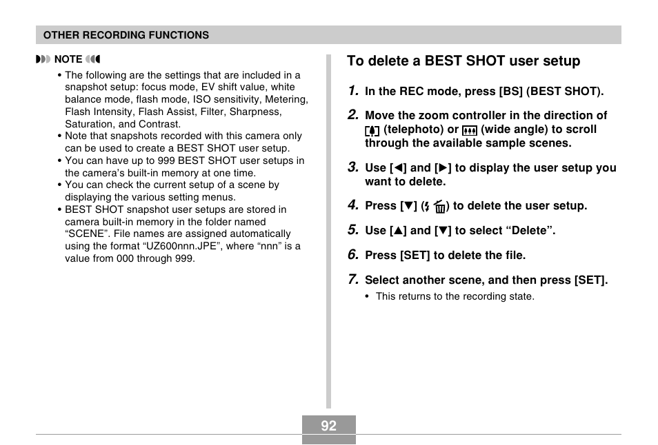 To delete a best shot user setup, 92 to delete a best shot user setup 1 | Casio EX-Z600 User Manual | Page 92 / 238