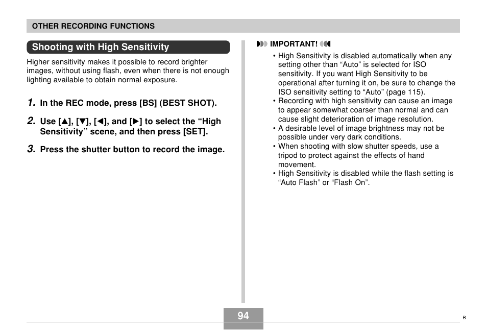 Shooting with high sensitivity | Casio EX-Z600 User Manual | Page 94 / 238