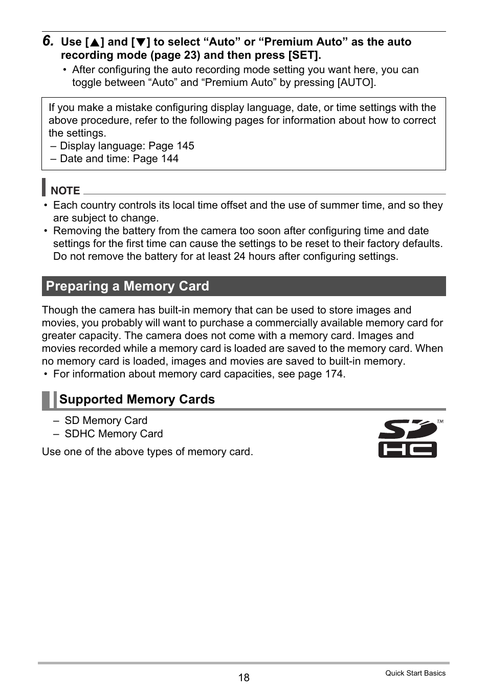 Preparing a memory card, Supported memory cards | Casio EXILIM EX-Z2200 User Manual | Page 18 / 195