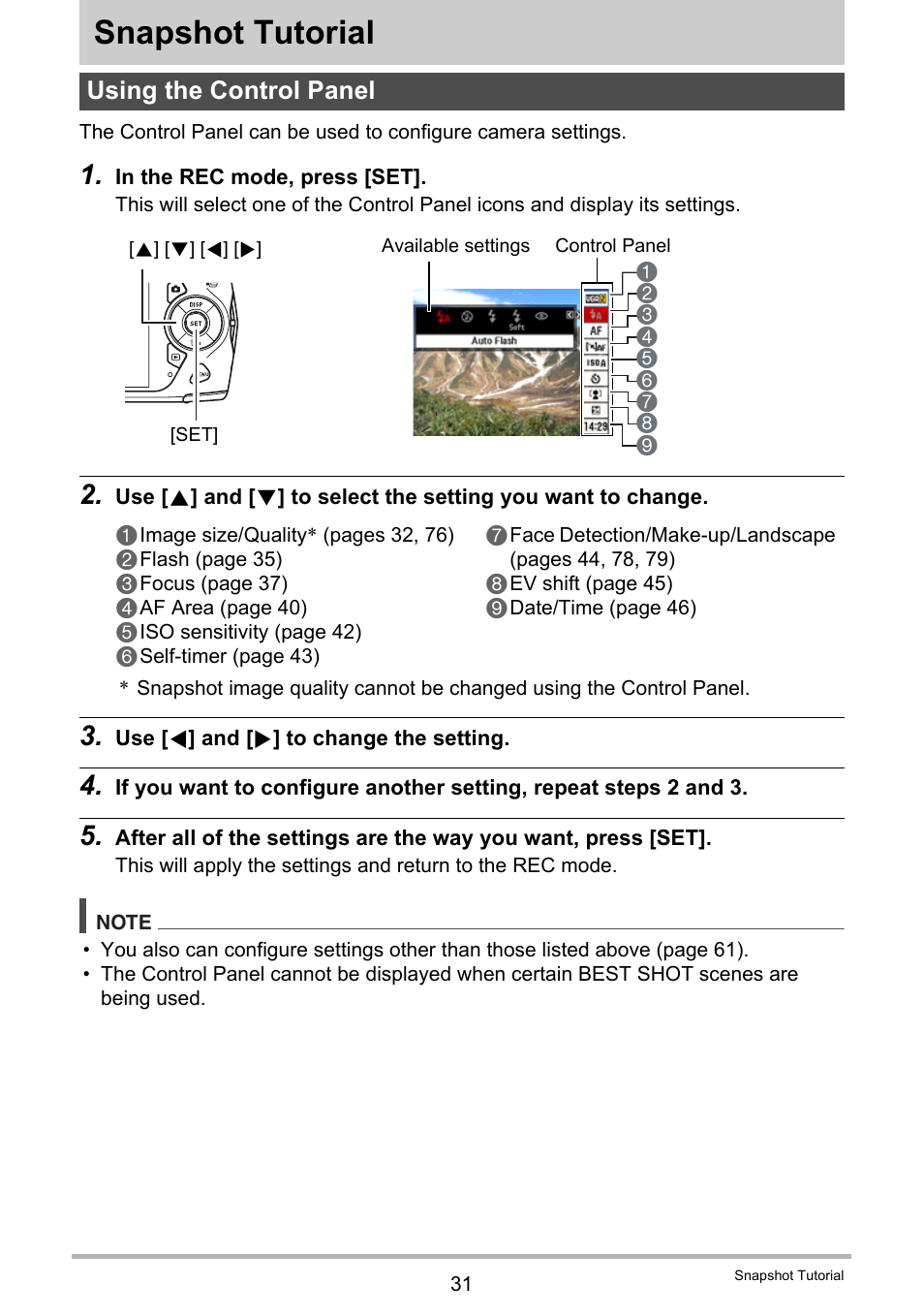 Snapshot tutorial, Using the control panel | Casio EXILIM EX-Z2200 User Manual | Page 31 / 195