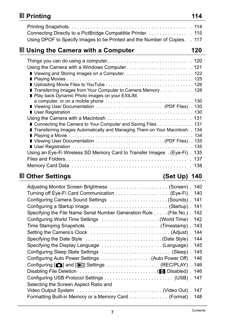 Printing 114, Using the camera with a computer 120, Other settings (set up) 140 | Casio EXILIM EX-Z2200 User Manual | Page 7 / 195