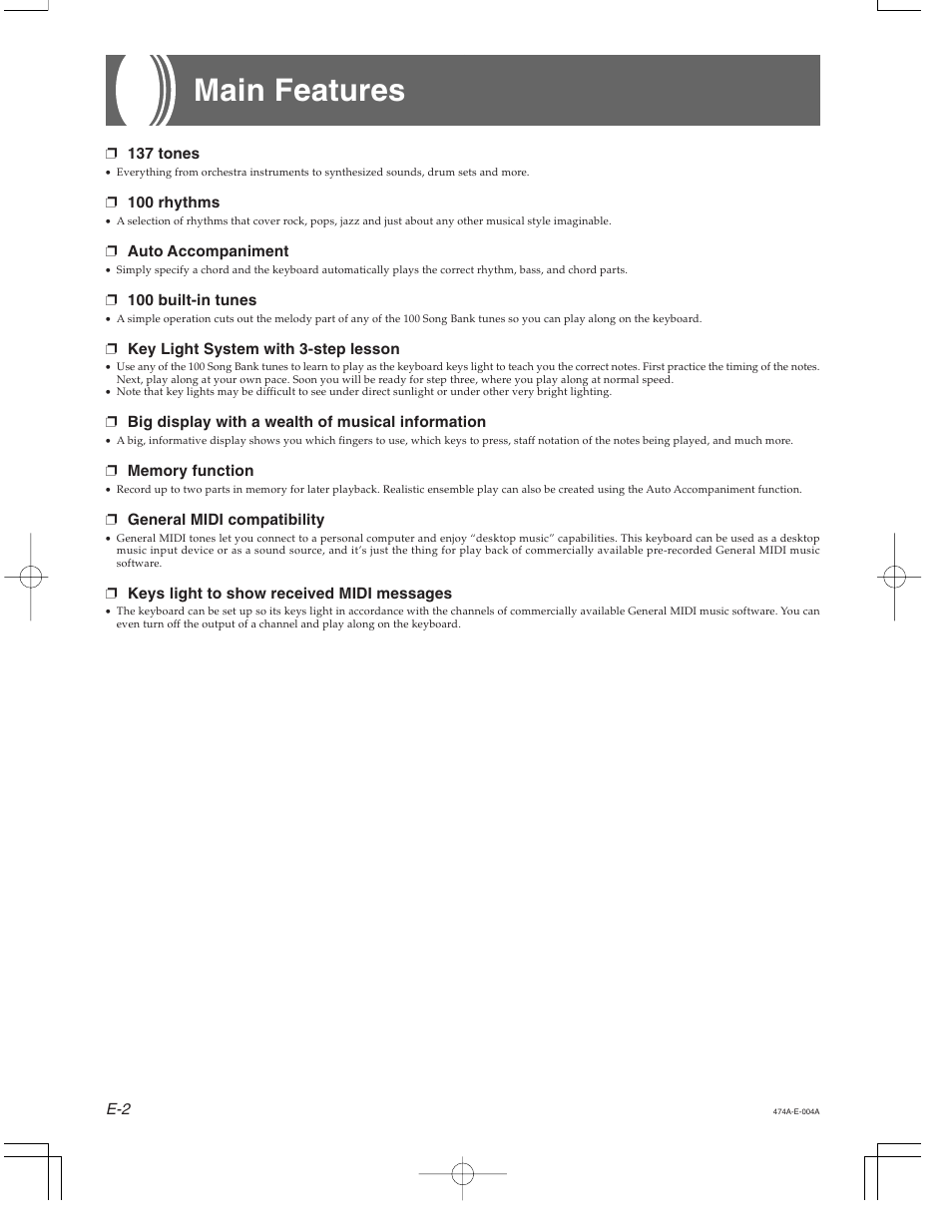 Main features | Casio LK50-ES-1 User Manual | Page 4 / 7