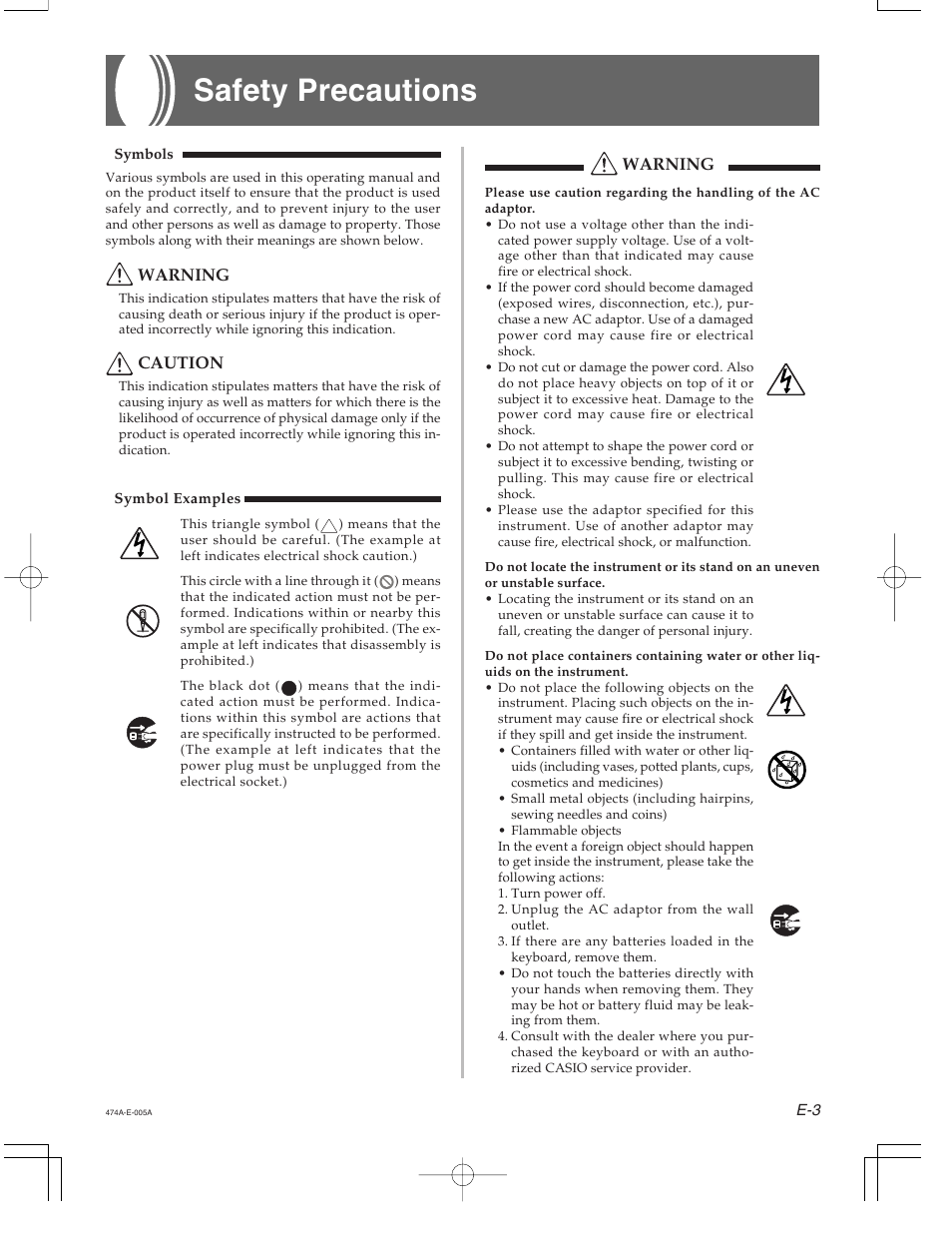 Safety precautions | Casio LK50-ES-1 User Manual | Page 5 / 7