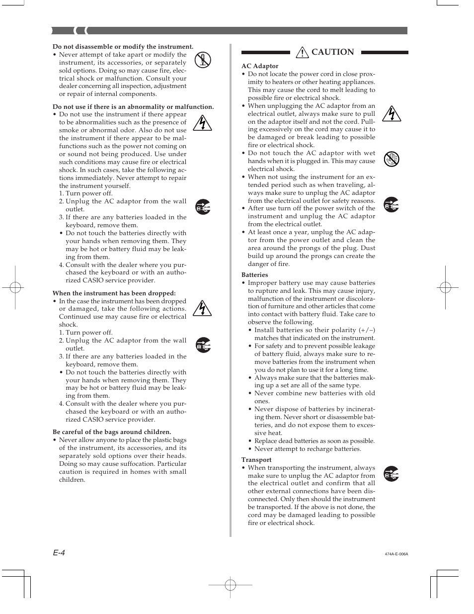 Caution | Casio LK50-ES-1 User Manual | Page 6 / 7