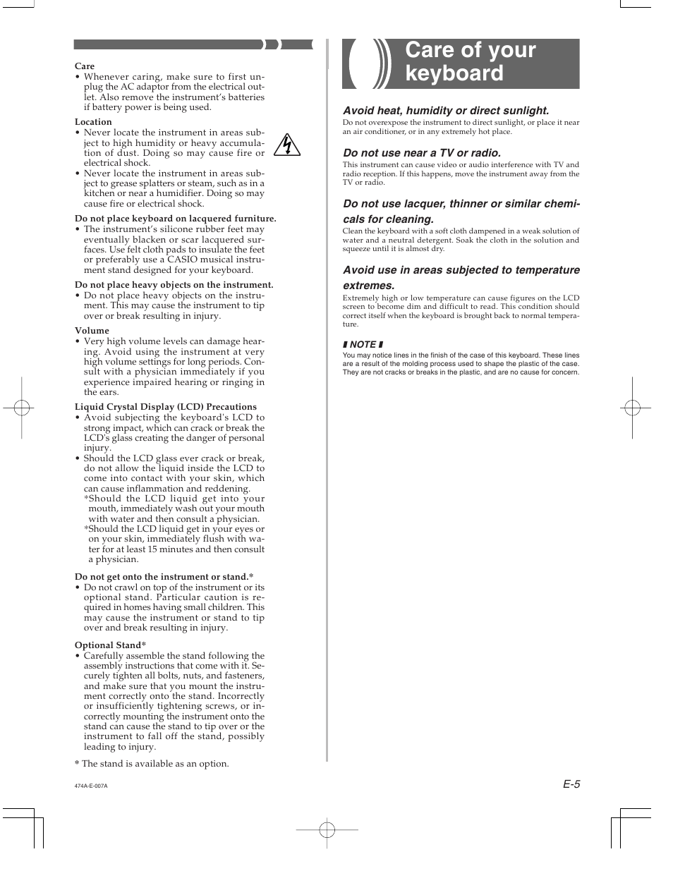 Care of your keyboard | Casio LK50-ES-1 User Manual | Page 7 / 7