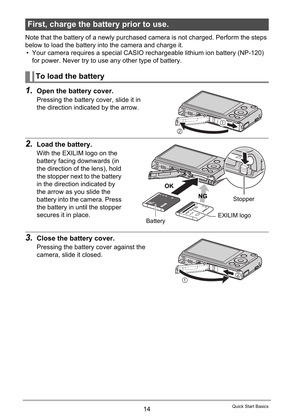 First, charge the battery prior to use, To load the battery | Casio EX-ZS12 User Manual | Page 14 / 136