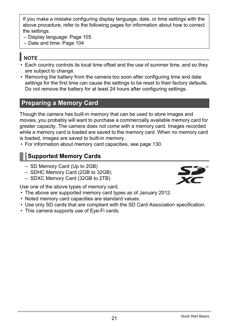 Preparing a memory card, Supported memory cards | Casio EX-ZS12 User Manual | Page 21 / 136