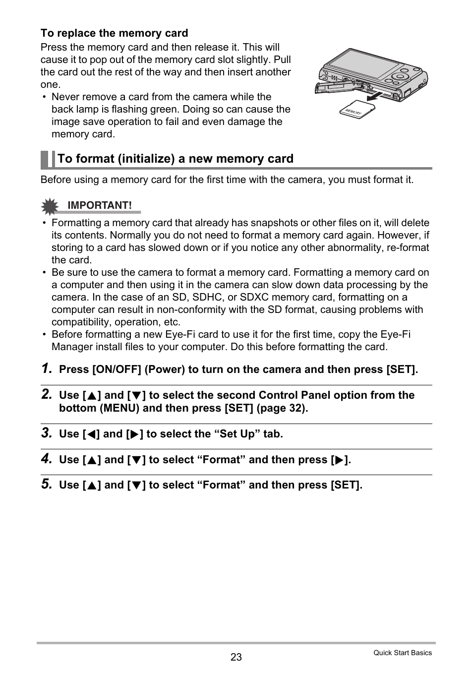 To format (initialize) a new memory card | Casio EX-ZS12 User Manual | Page 23 / 136