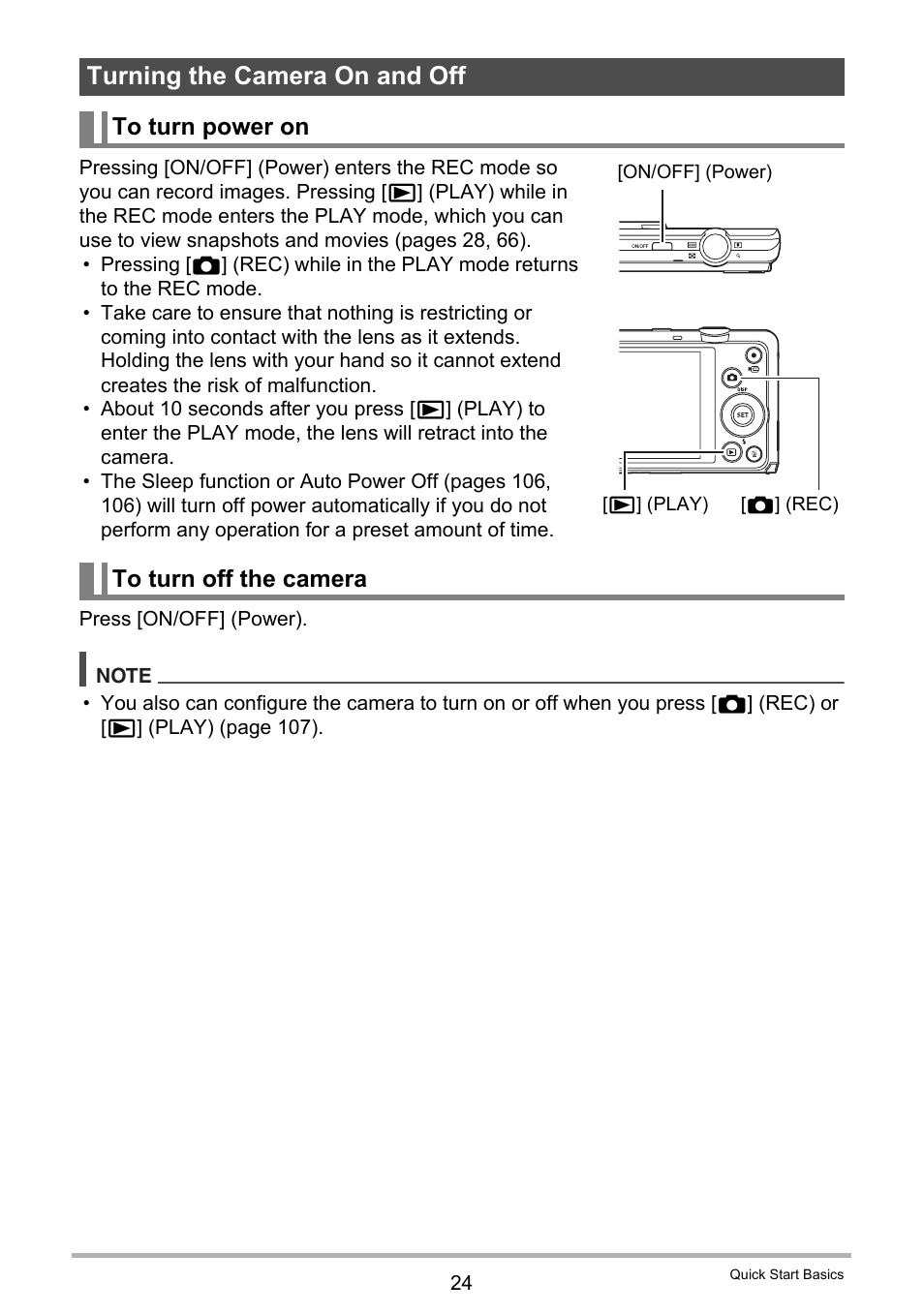 Turning the camera on and off, To turn power on, To turn off the camera | Casio EX-ZS12 User Manual | Page 24 / 136
