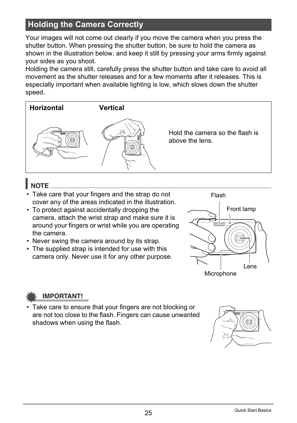 Holding the camera correctly | Casio EX-ZS12 User Manual | Page 25 / 136
