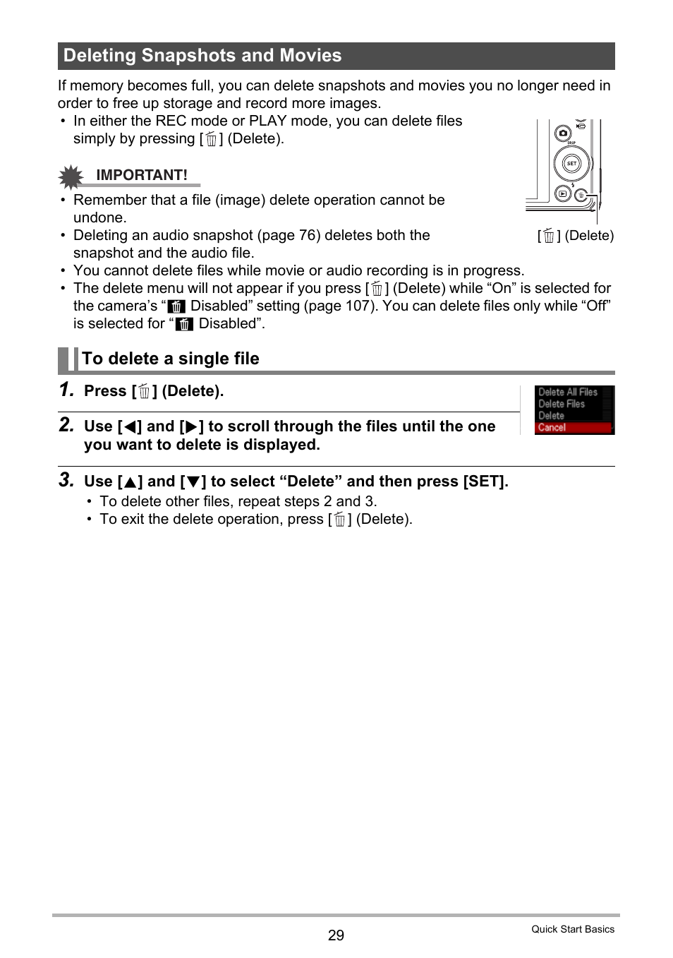 Deleting snapshots and movies, To delete a single file | Casio EX-ZS12 User Manual | Page 29 / 136