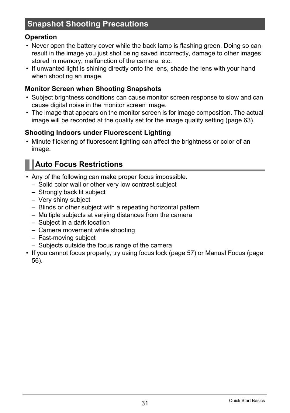 Snapshot shooting precautions, Auto focus restrictions | Casio EX-ZS12 User Manual | Page 31 / 136