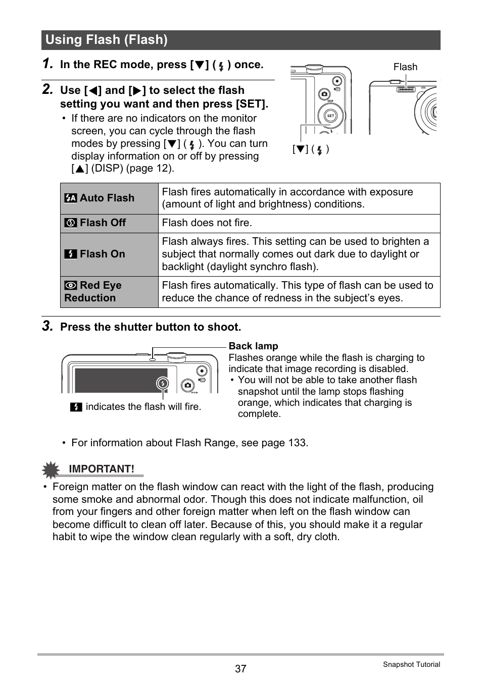 Using flash (flash) | Casio EX-ZS12 User Manual | Page 37 / 136