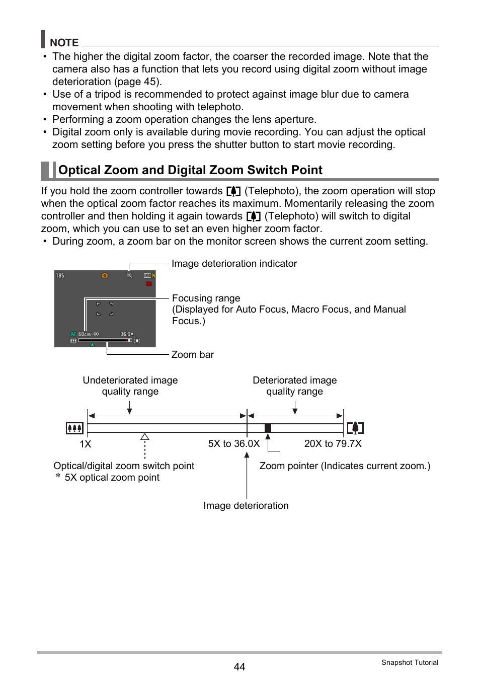 Optical zoom and digital zoom switch point | Casio EX-ZS12 User Manual | Page 44 / 136