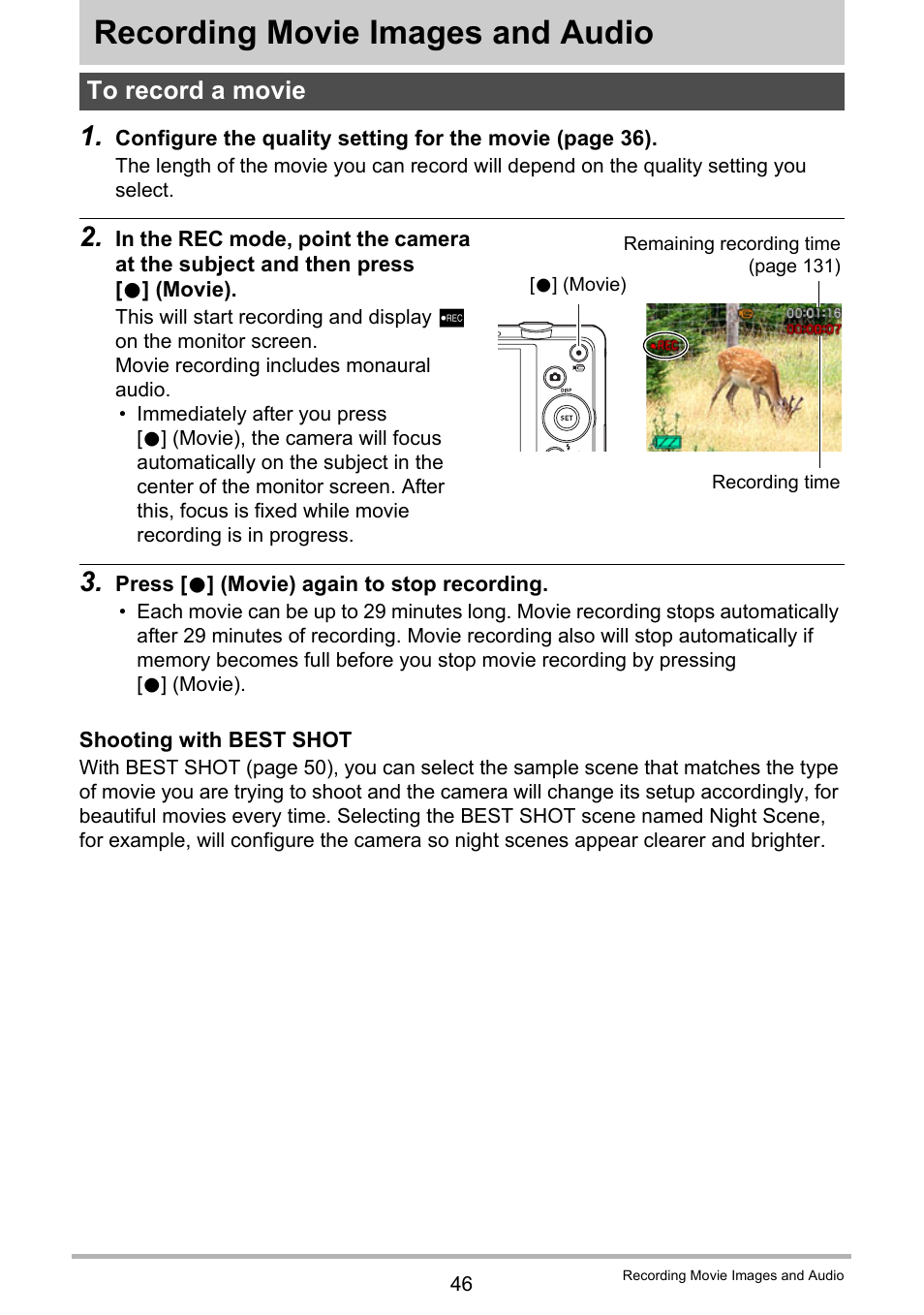 Recording movie images and audio, To record a movie | Casio EX-ZS12 User Manual | Page 46 / 136