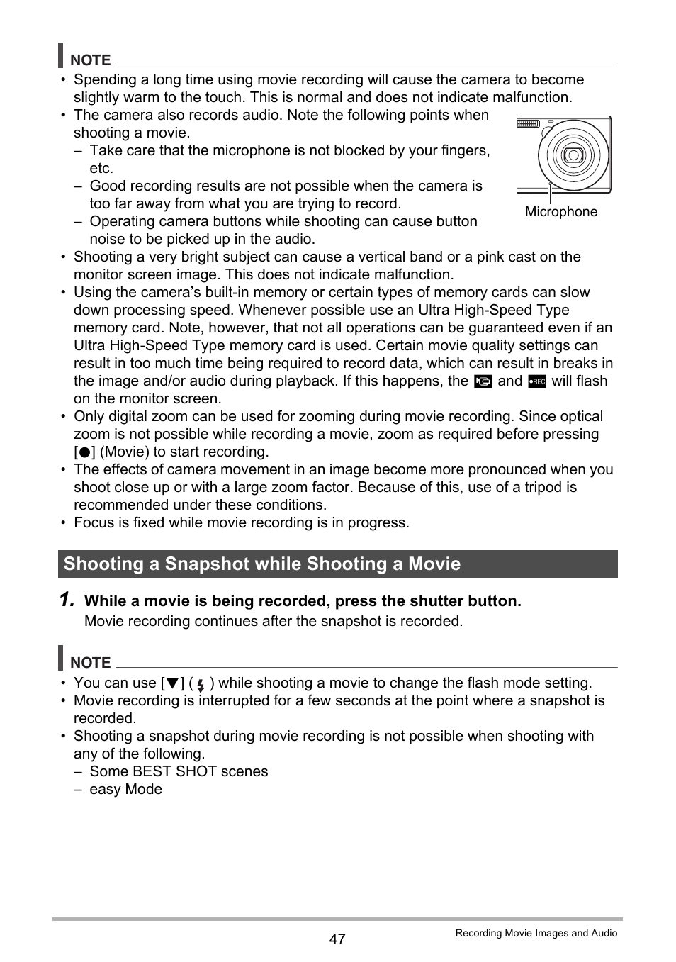 Shooting a snapshot while shooting a movie | Casio EX-ZS12 User Manual | Page 47 / 136