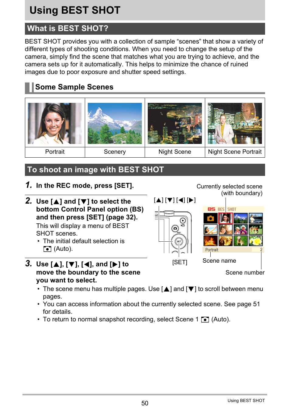 Using best shot, What is best shot, Some sample scenes | To shoot an image with best shot | Casio EX-ZS12 User Manual | Page 50 / 136