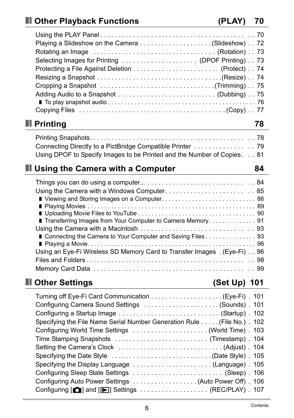 Other playback functions (play) 70, Printing 78, Using the camera with a computer 84 | Other settings (set up) 101 | Casio EX-ZS12 User Manual | Page 6 / 136