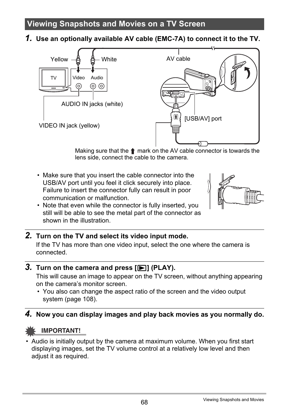 Viewing snapshots and movies on a tv screen | Casio EX-ZS12 User Manual | Page 68 / 136