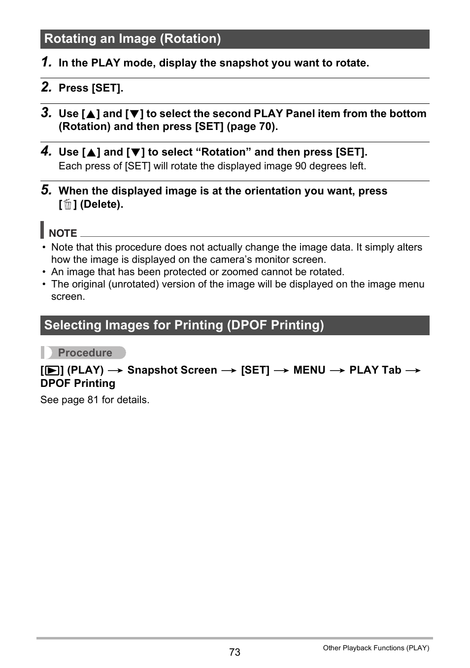 Rotating an image (rotation), Selecting images for printing (dpof printing) | Casio EX-ZS12 User Manual | Page 73 / 136