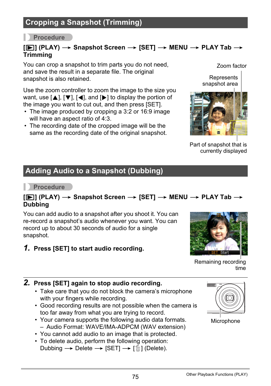 Cropping a snapshot (trimming), Adding audio to a snapshot (dubbing) | Casio EX-ZS12 User Manual | Page 75 / 136