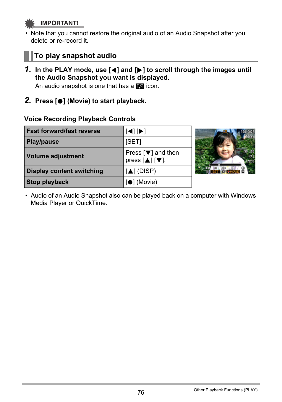 To play snapshot audio | Casio EX-ZS12 User Manual | Page 76 / 136