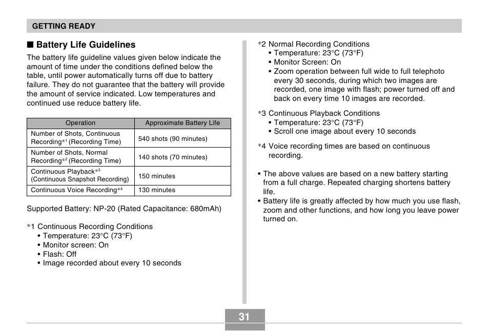 Battery life guidelines | Casio EXILIM EX-Z4U User Manual | Page 31 / 57