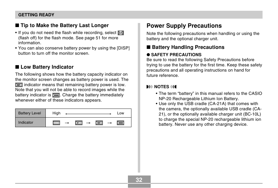 32 power supply precautions | Casio EXILIM EX-Z4U User Manual | Page 32 / 57
