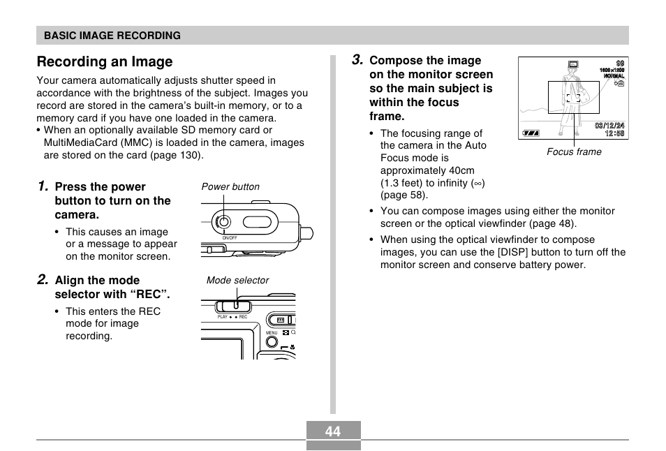 Recording an image, Press the power button to turn on the camera, Align the mode selector with “rec | Casio EXILIM EX-Z4U User Manual | Page 44 / 57