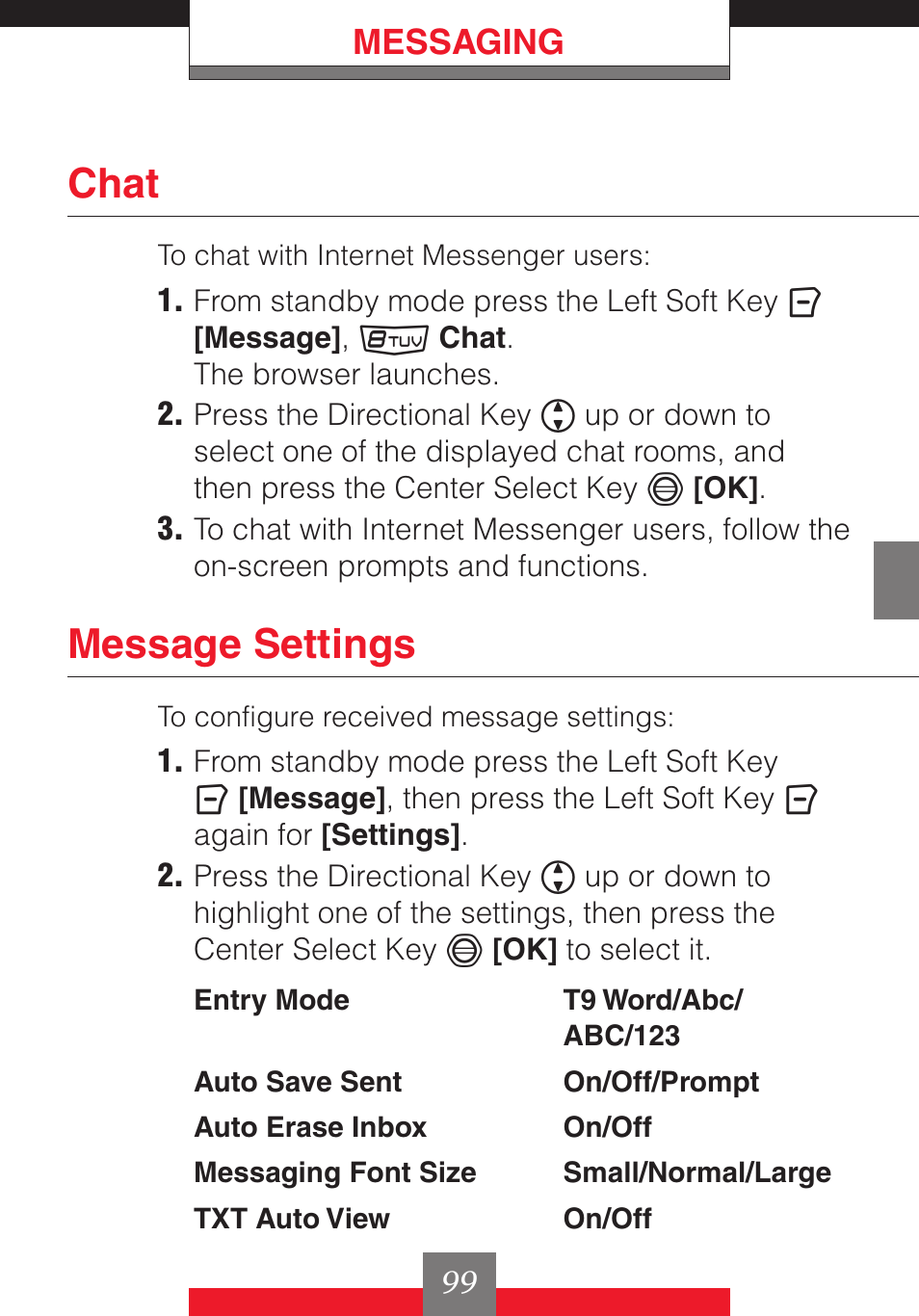 Chat, Message settings, Messaging | Casio G'z One User Manual | Page 100 / 242