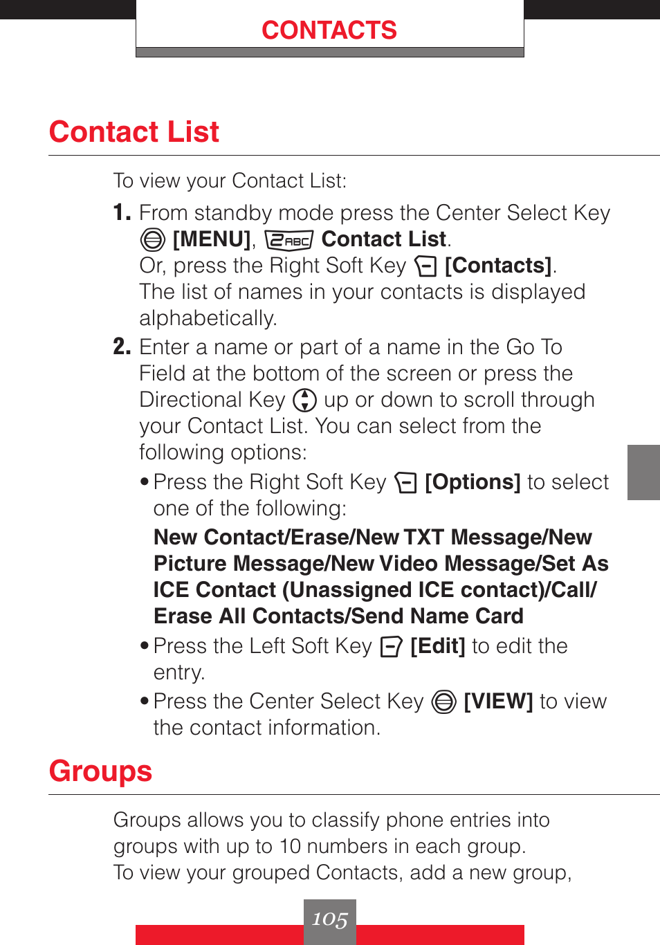 Contact list, Groups, Contacts | Casio G'z One User Manual | Page 106 / 242