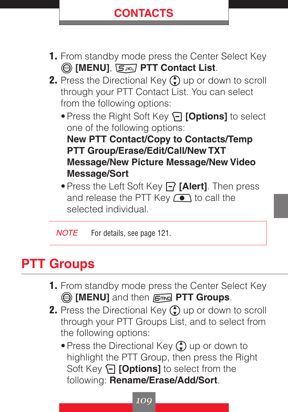 Ptt groups, Contacts | Casio G'z One User Manual | Page 110 / 242