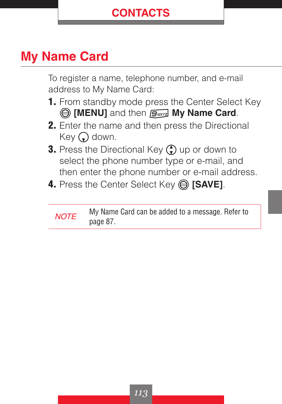 My name card, Contacts | Casio G'z One User Manual | Page 114 / 242
